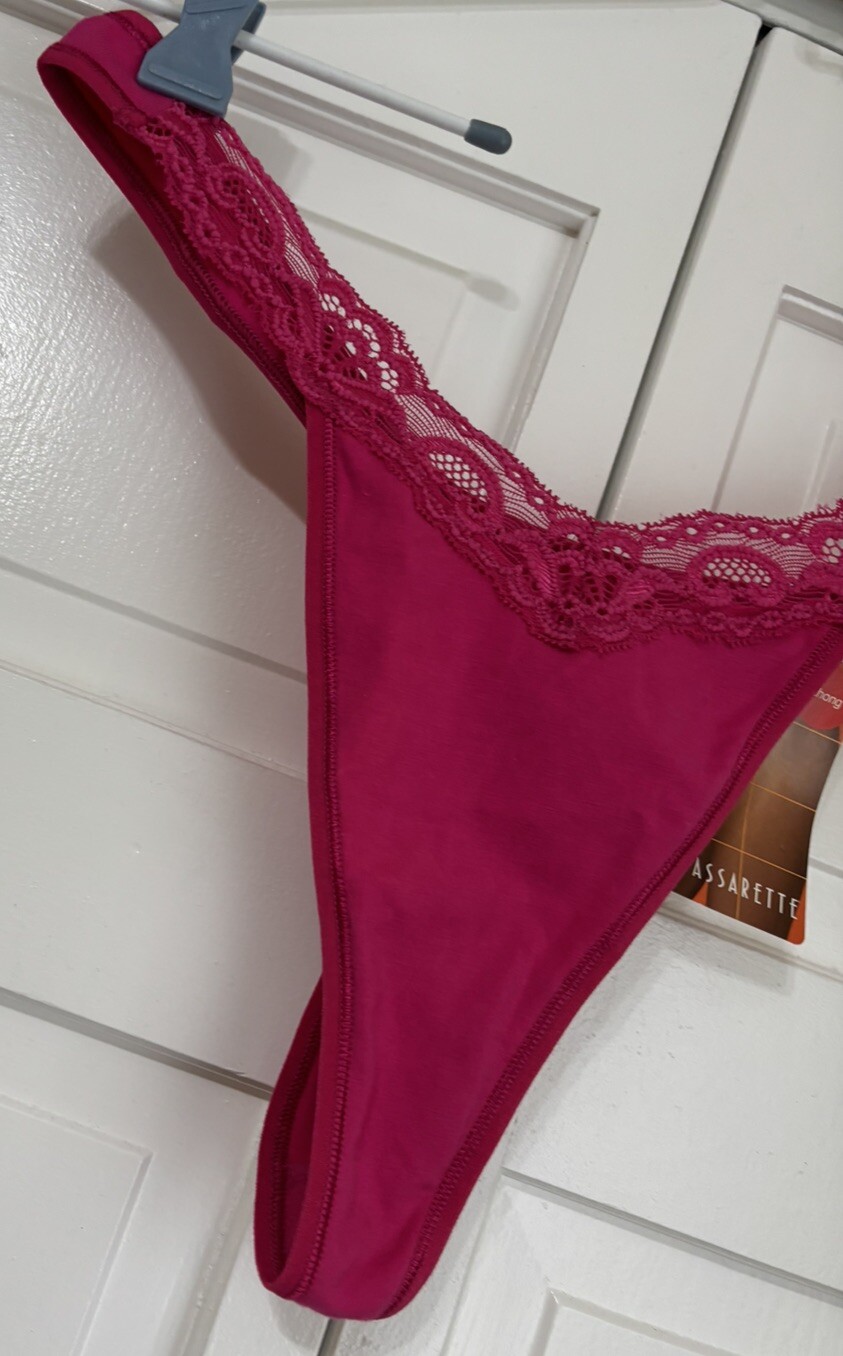 Vintage Vassarette Pink Sexy Cotton Thong Panties Bikini Lace Size 7/44 Large