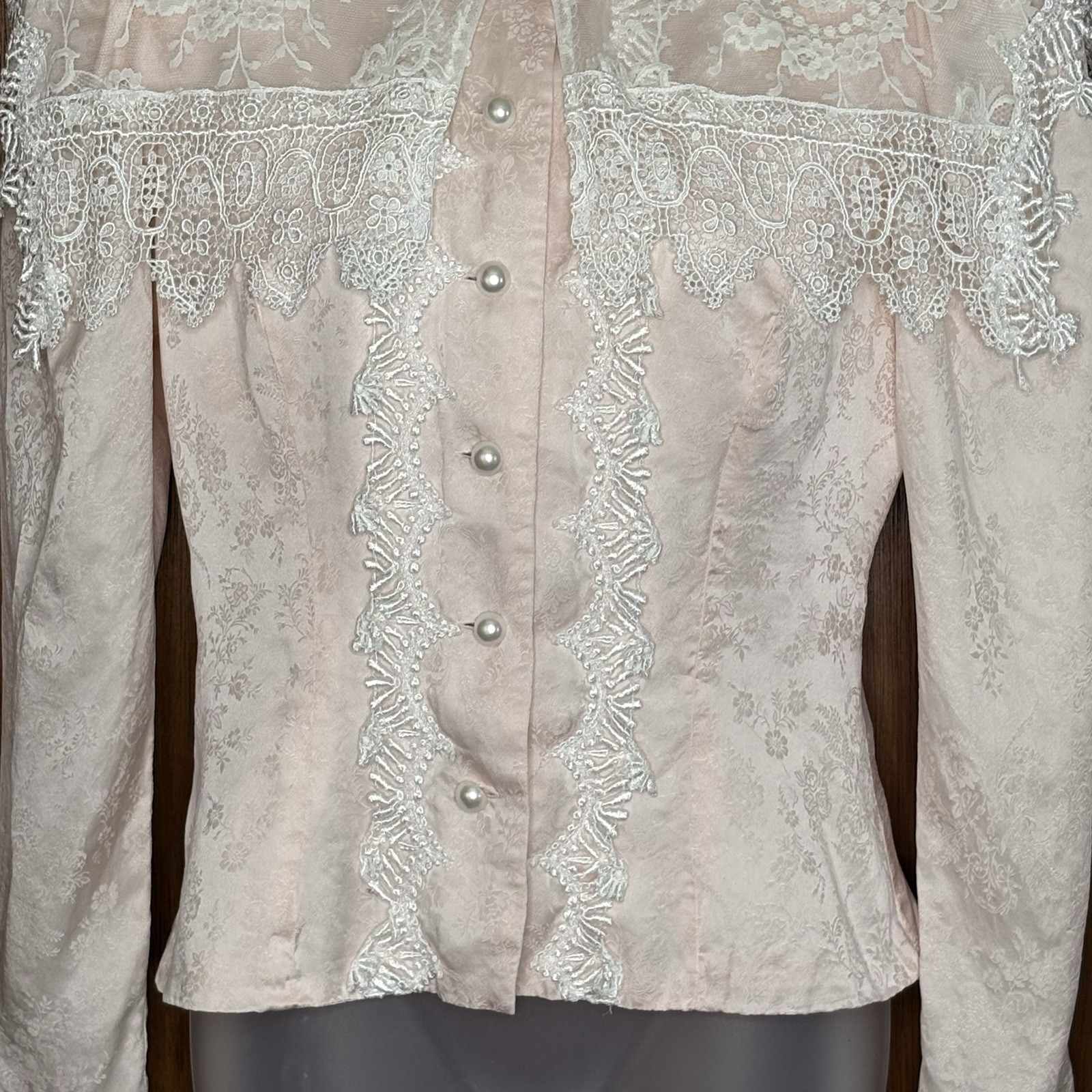 VTG 80’s Jessica McClintock Blouse 8 Pink Lace Pearl Buttons Victorian Cottage
