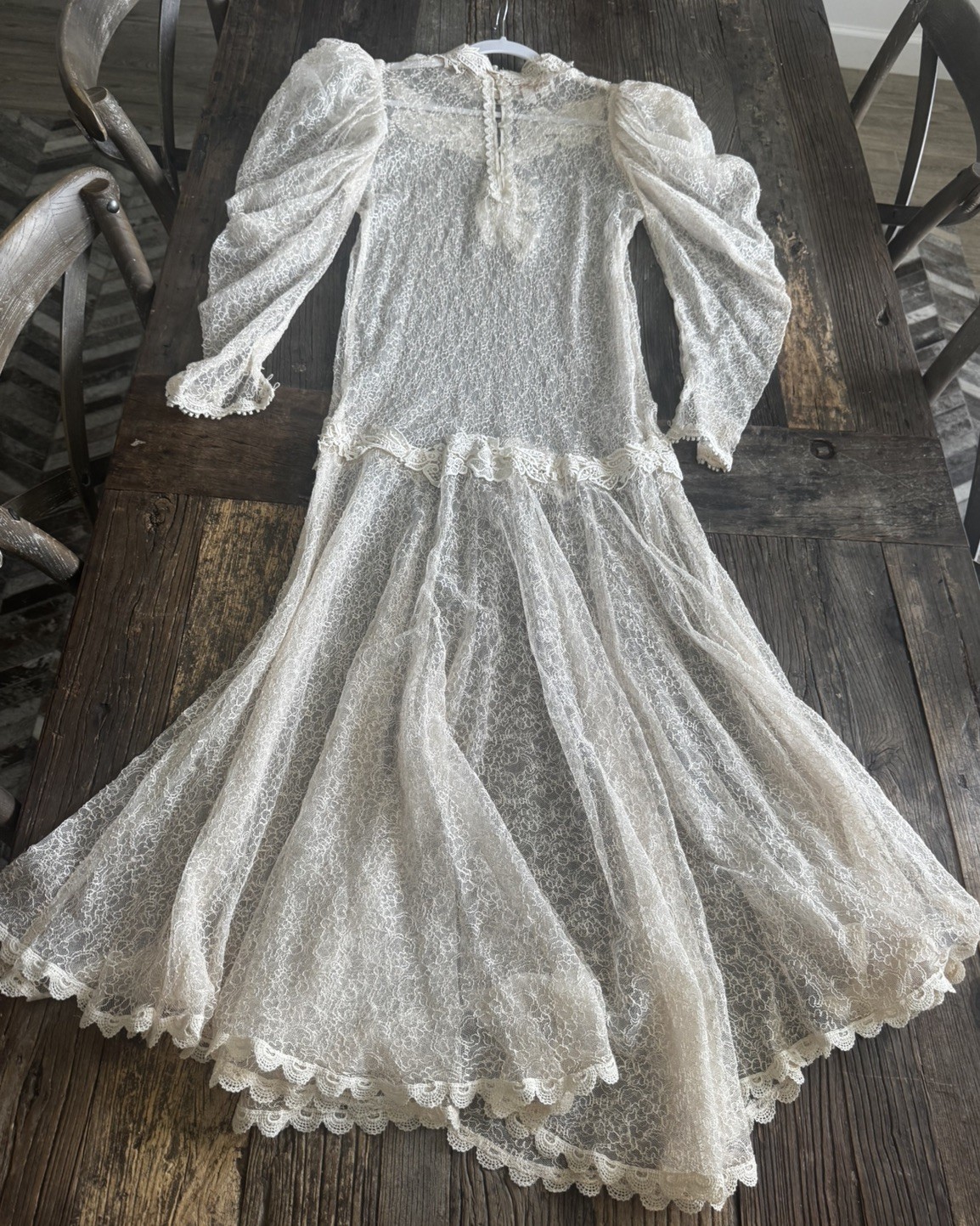 VTG Lorrie Kabala Lace Victorian Pearl Puff Sleeve Drop Waist Mermaid Dress 14