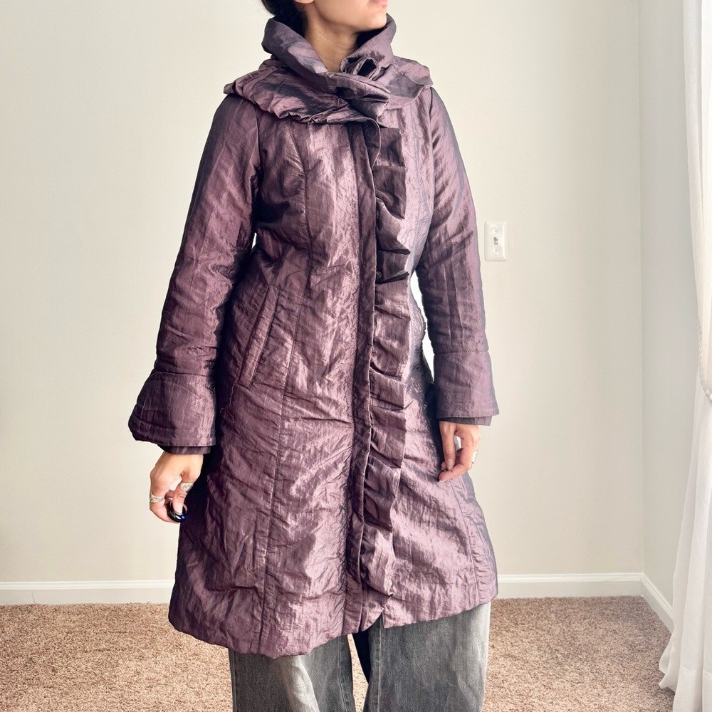 Vintage Iridescent Purple Ruffle Coat High Neck Funnel Lightweight Small