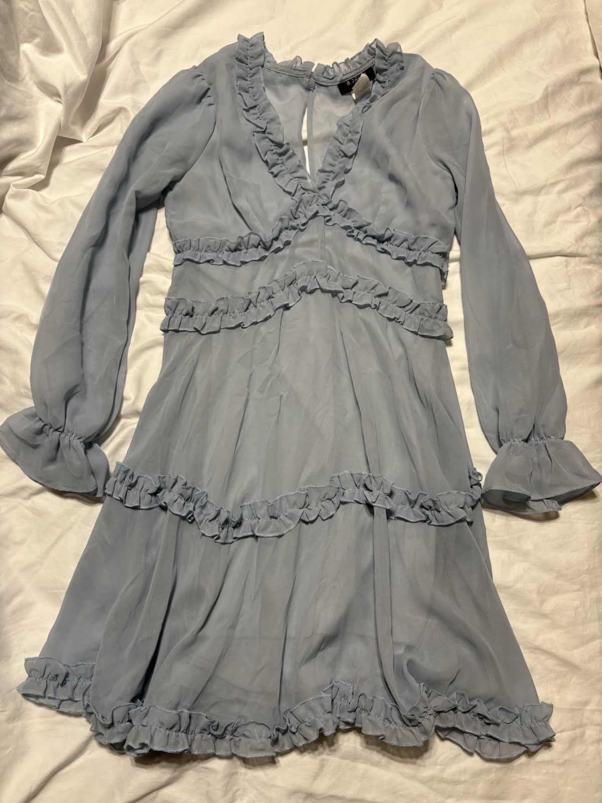 VTG 1999 B. Darlin Dusty Blue Ruffle Chiffon Mini Dress