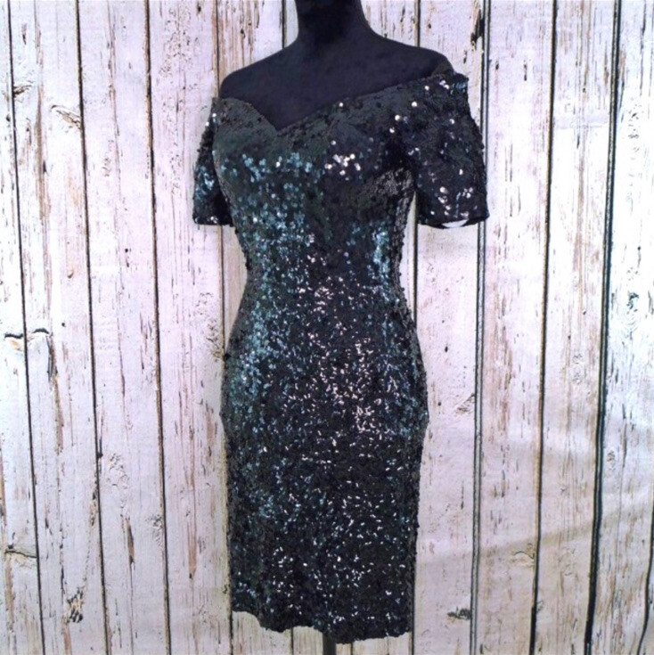 Vintage MODI off-shoulder Sequin encrusted Wiggle Dress
