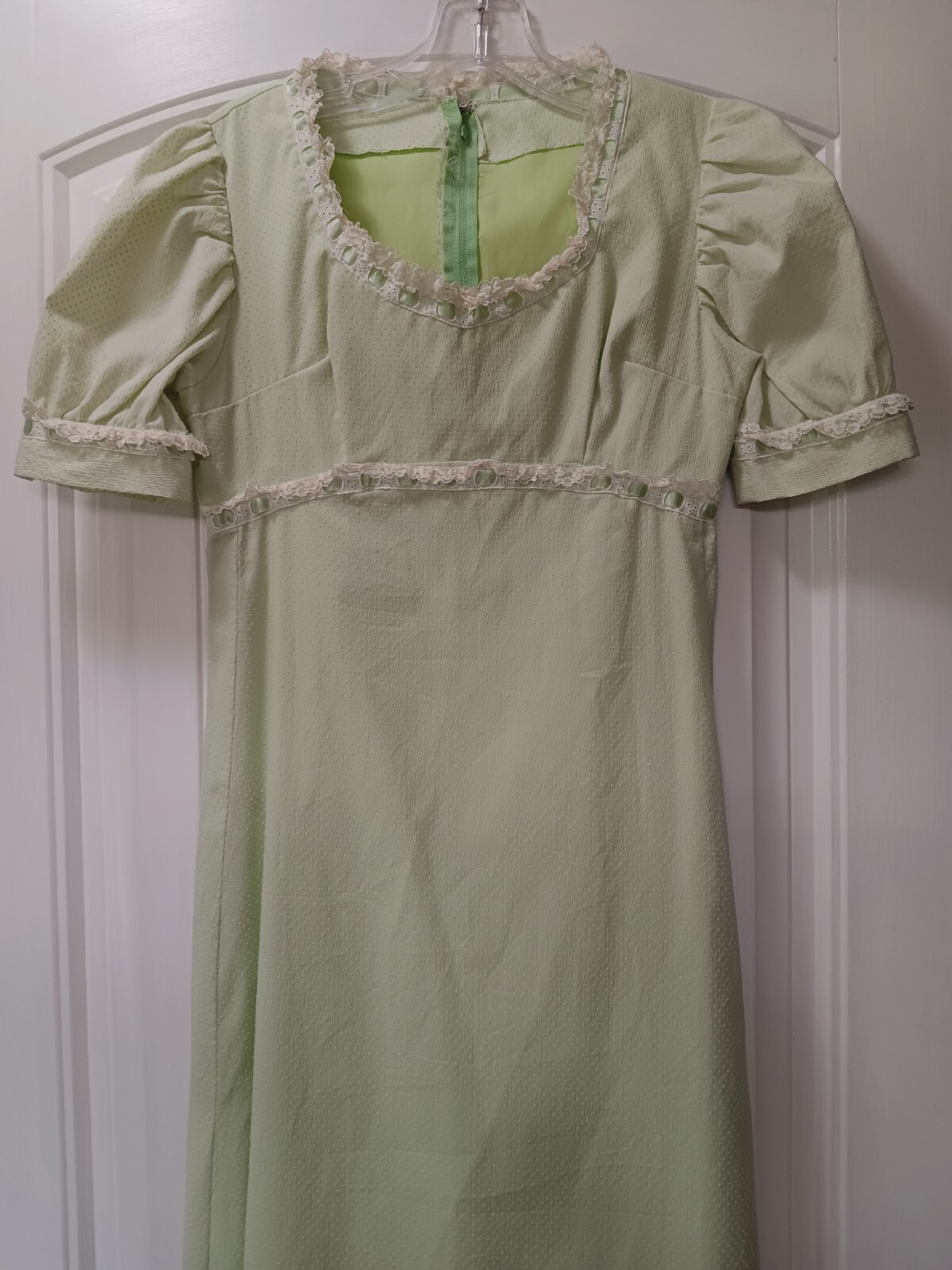 Vtg 70s Prairie Dress Green White Sz S Short Sleeve Swiss Dot Maxi Cottage Hippi