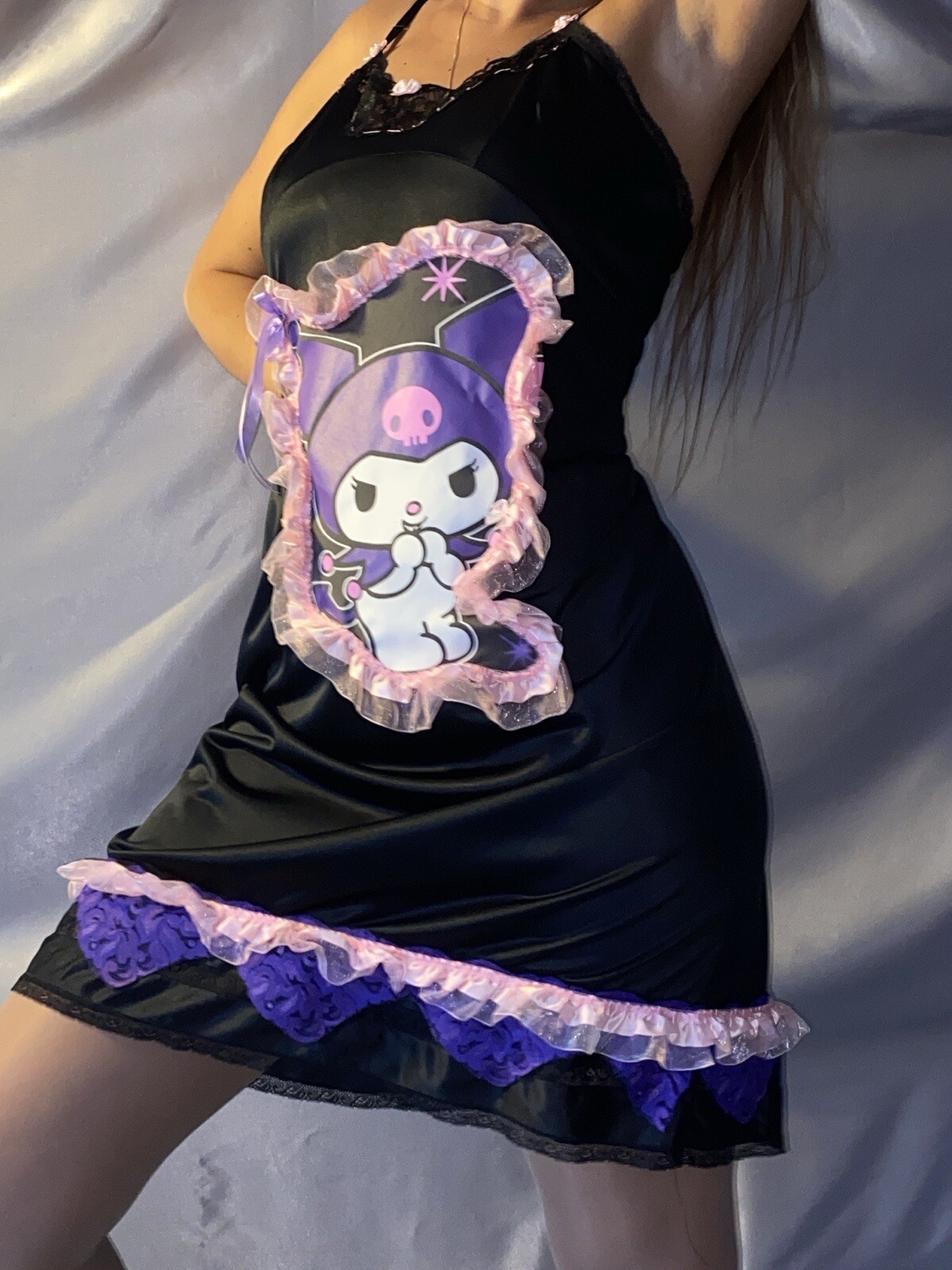 VTG SILKY NYLON Kuromi RAVE PARTY GRUNGE POP PARTY KAWAII DRESS SLIP GOWN GOTH