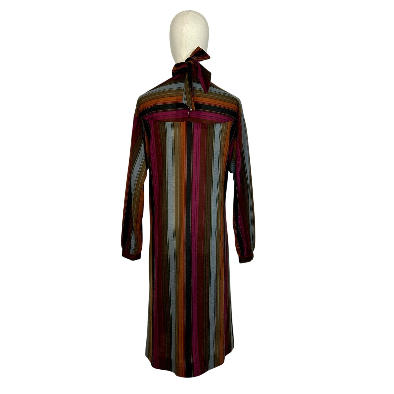 VTG 70s Knit Turtleneck Midi Dress L Pussy Bow Multicolor Bespoke Retro Twee