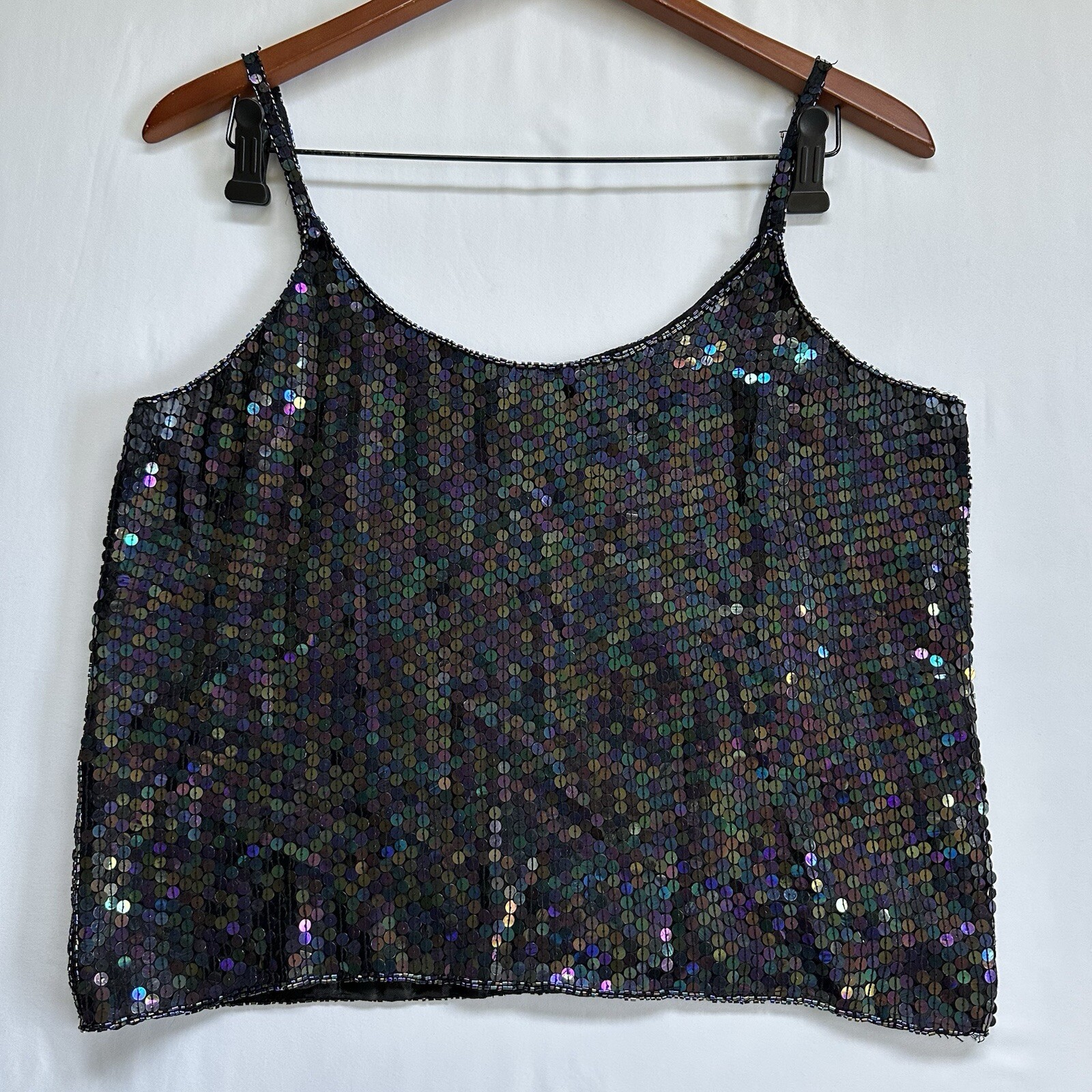 VTG 100% Silk Sequins Beaded Spaghetti Black Strap Top Spell Bound Size Medium