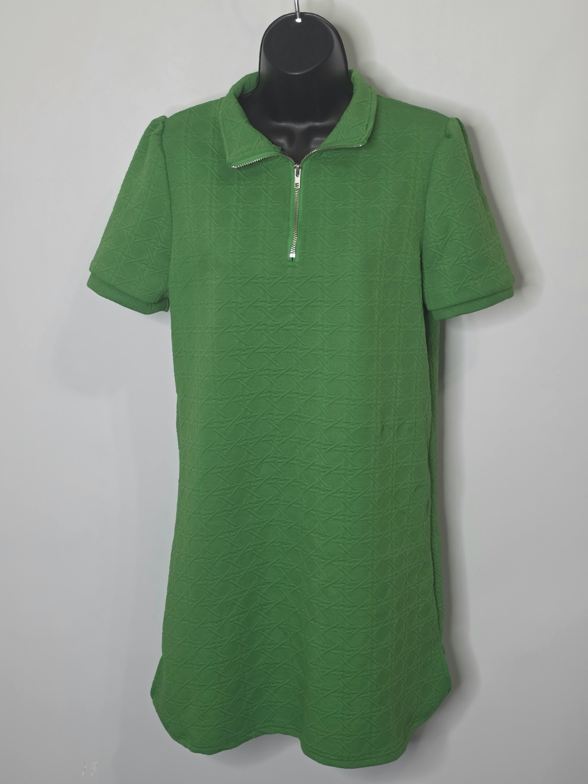 Vintage Handmade Green Textured Mod GoGo Mini Dress Short Sleeve Zip Neck L