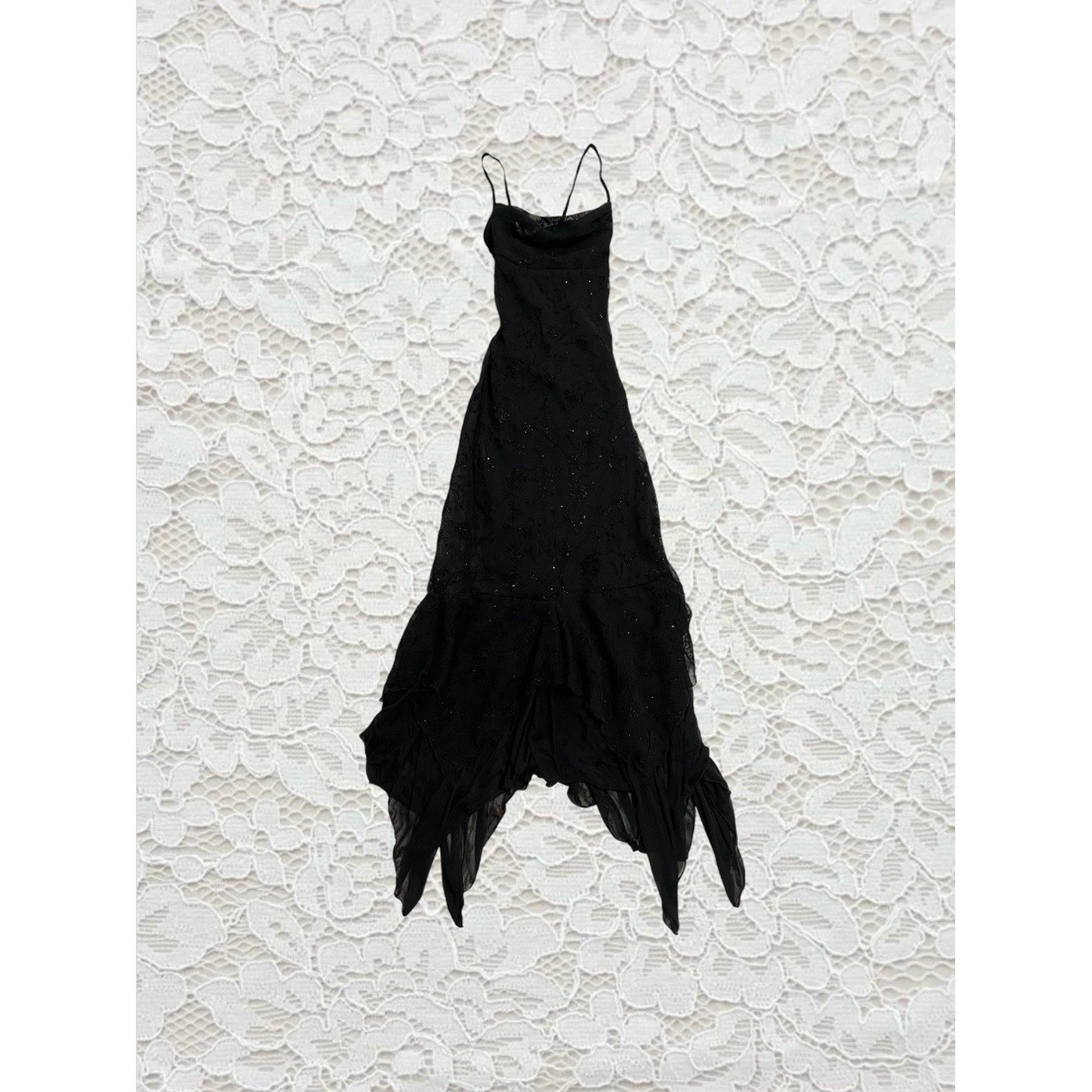 vintage charlotte russe black fairy goth cowl neck handkerchief hem dress