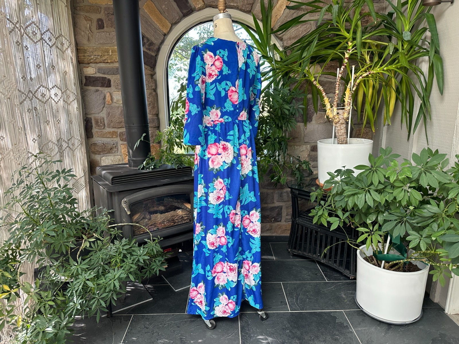 Vintage 1980s Blue and Pink Floral Summer Maxi Dress