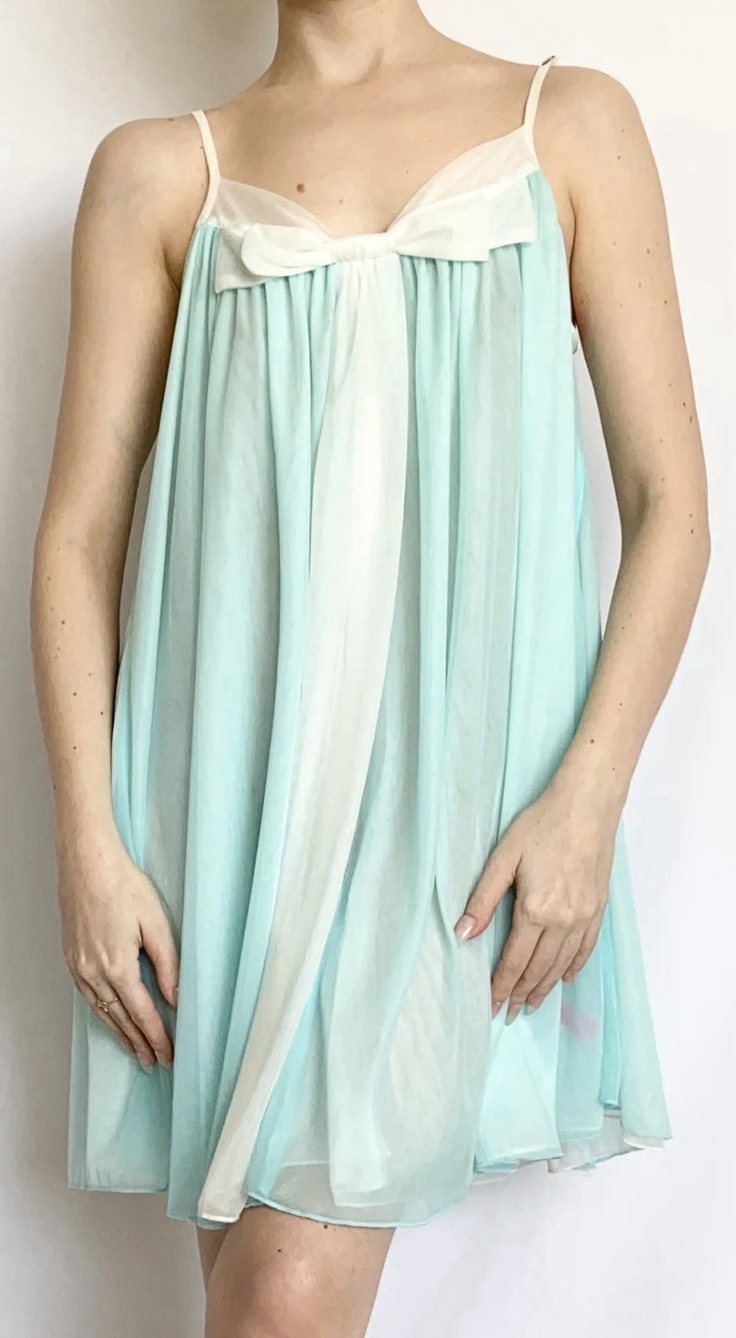 VTG Y2K Women’s Betsey Johnson Bluish Teal White Bow Babydoll Flowy Slip Dress L