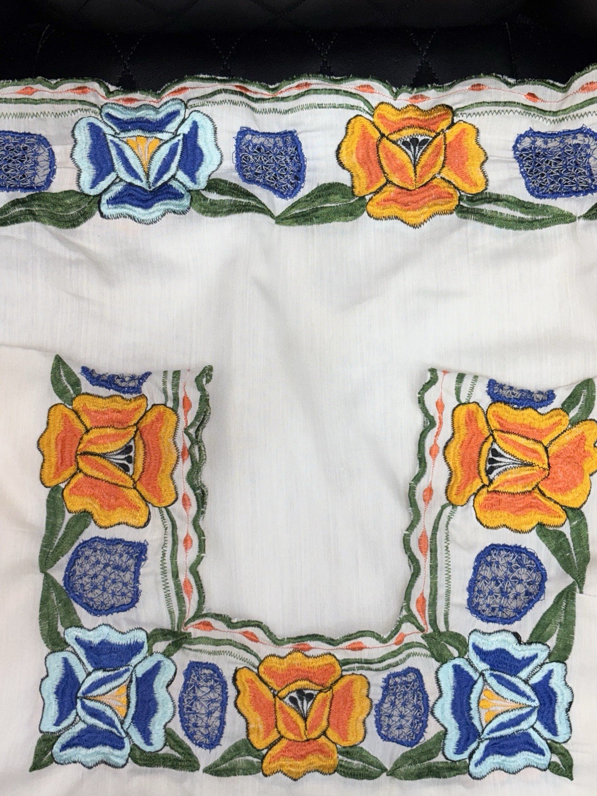 Handmade Mexican Dress Size L Pullover Embroidered Floral Neck-Bottom Hem Beige