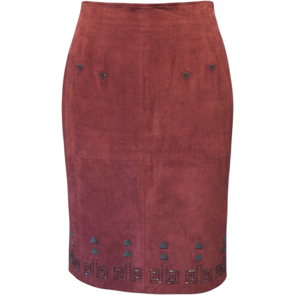 Pia Rucci Vintage Red Suede Leather Beaded Pencil Skirt Size 10 Rust Boho Midi