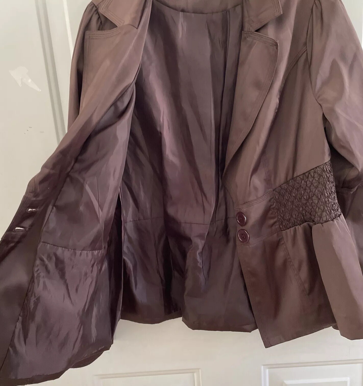 Vtg Women Zoompy Brown Career Jacket Size Medium Smocking Multi Buttons Preowned