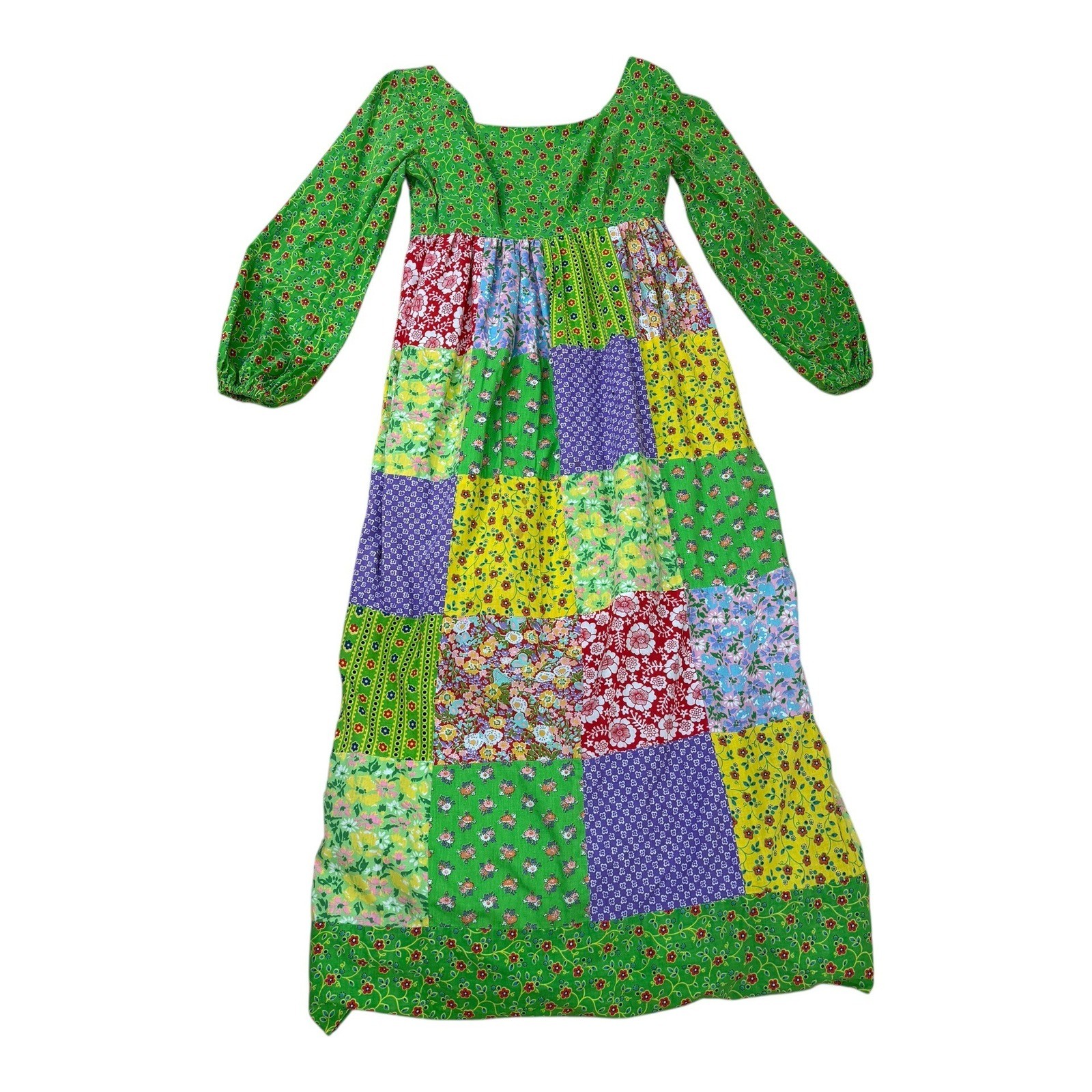 Vtg Mountain Artisans Patchwork Maxi Hippie Dress Floral Boho Green Pink Size 8