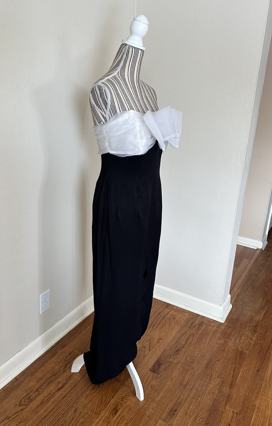 Vintage Niki Originals 90s Dress Gown Slit Black White Bow Woman’s S/M