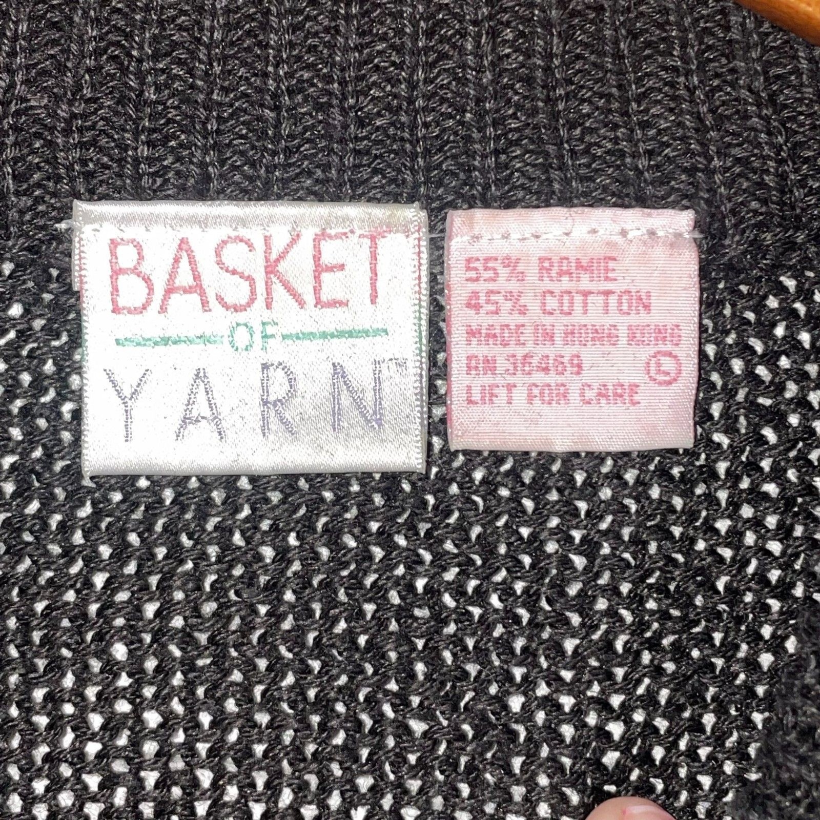 Vintage Basket of Yarn Embroidered Sweater Ramie Cotton Black Floral Size L
