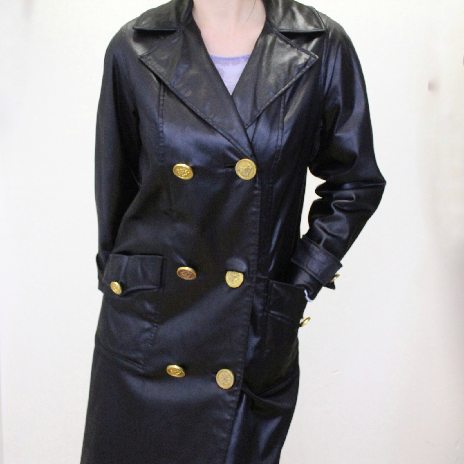 Vintage 60s Gothic Mod Black Satin Trench Coat by Count Romi Double Breasted