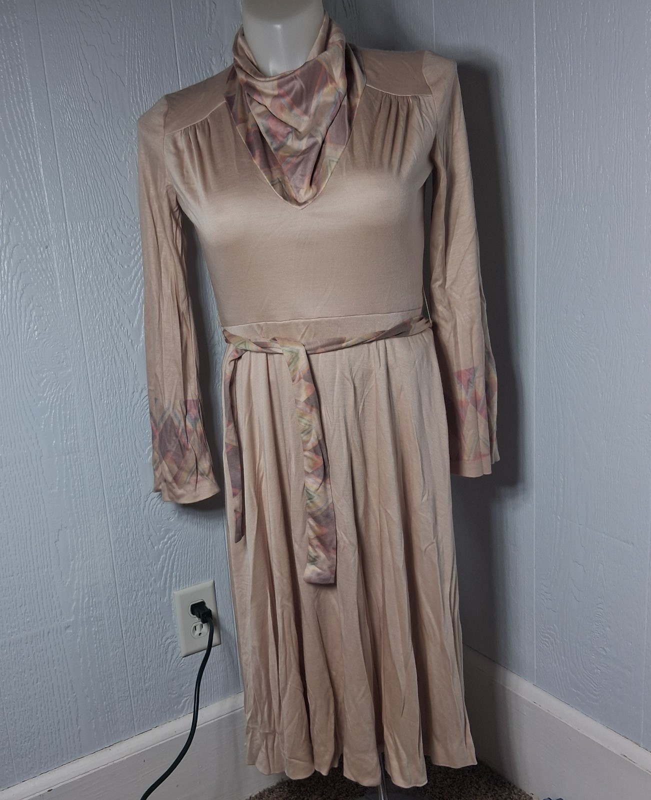 Vintage 70s Midi Bell Sleeve Dress Bohemian Earth Toned Pink Flowy Geometric USA
