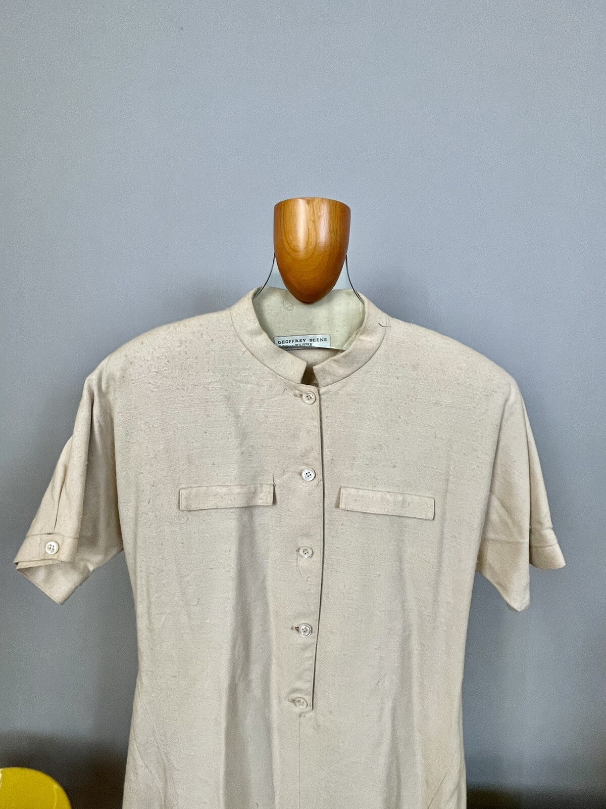 GEOFFREY BEENE-1990’s Linen Dress Short sleeve Shift dress Tafita lined M/L
