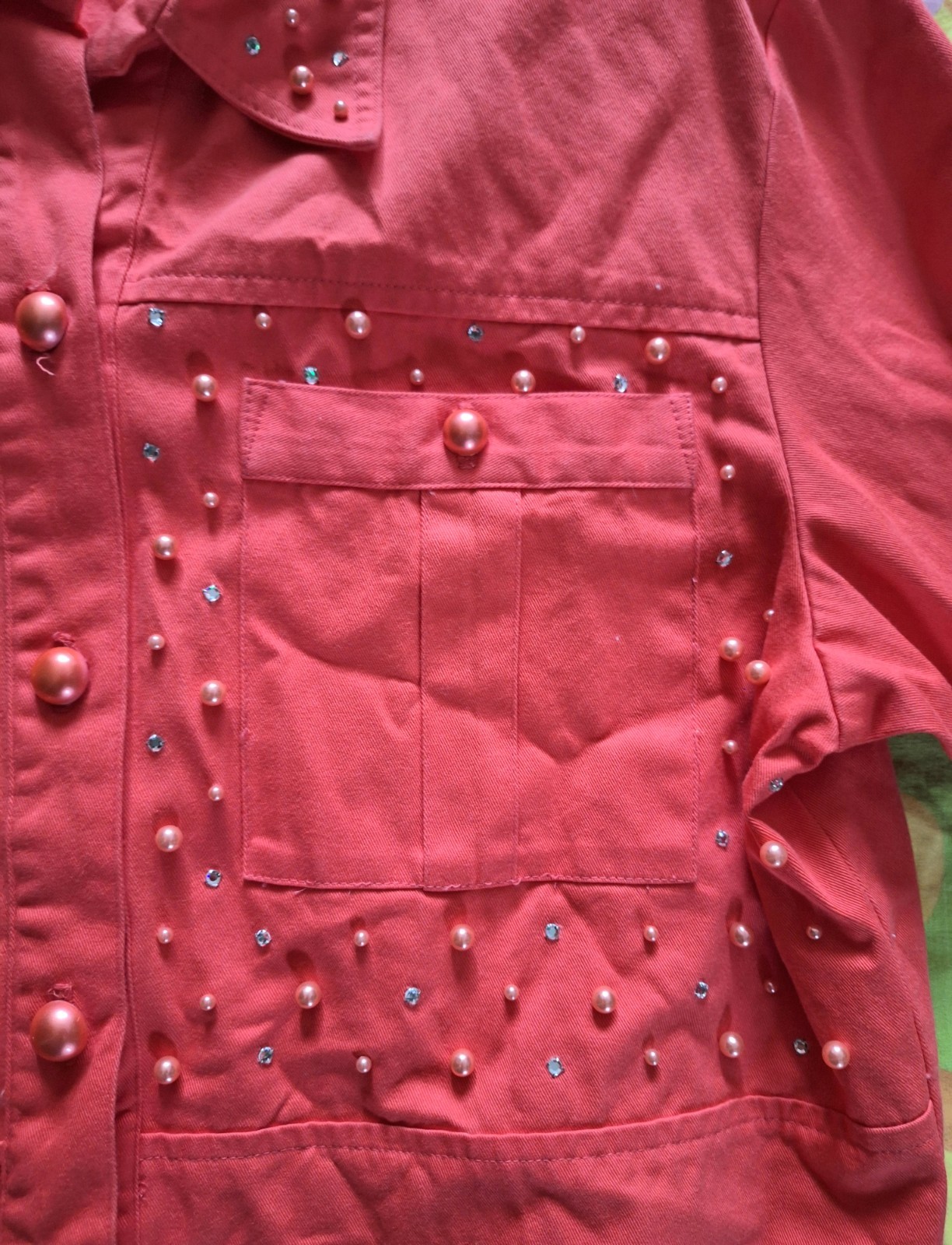 90s Vintage Bedazzled Coral Orange Pink NWT Deadstock Size L Denim Bomber Jacket