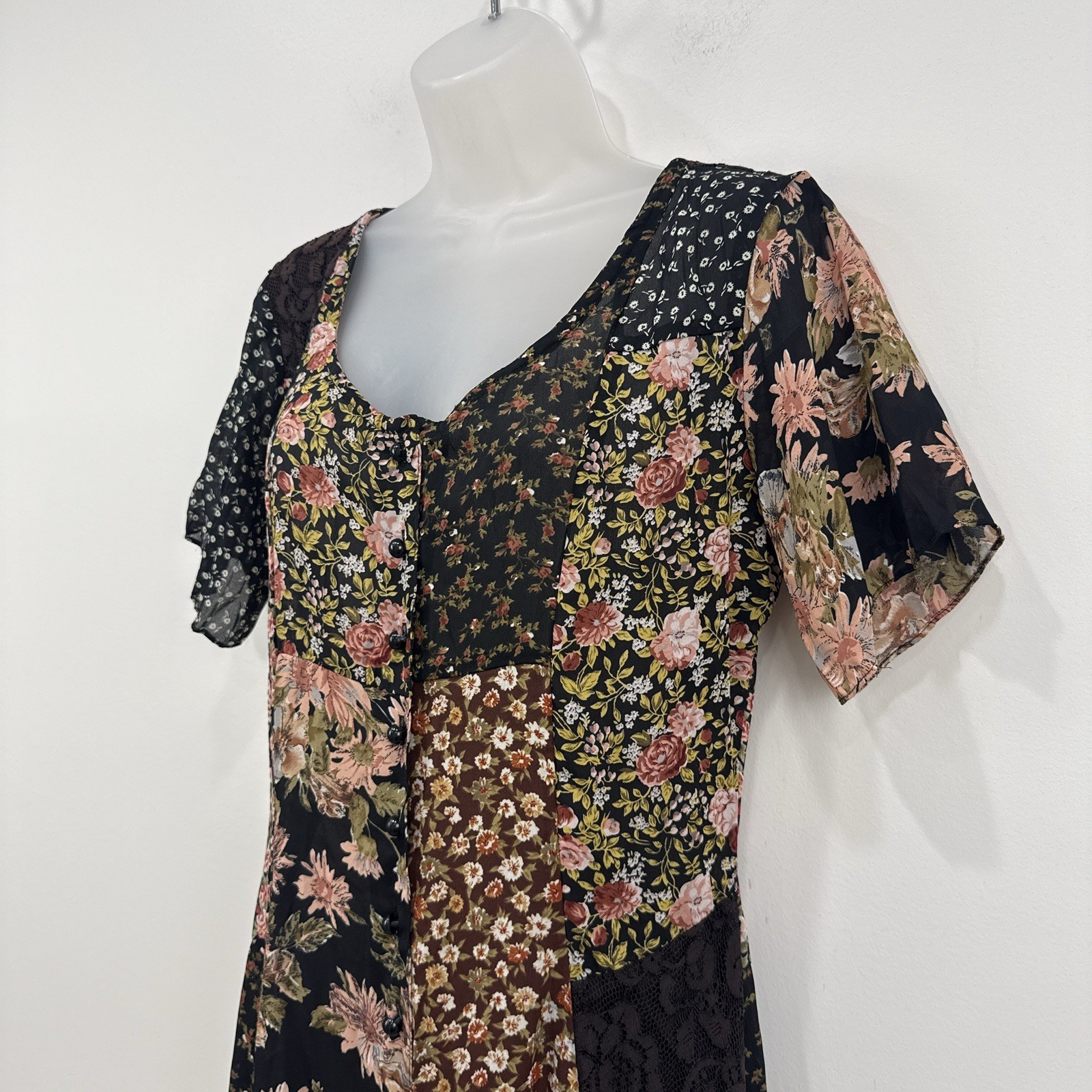VTG 90s Express Patchwork Maxi Dress M Country Prairie Cottagecore Forest Fairy