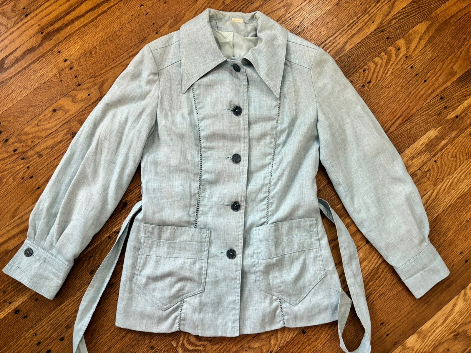 1960s Women’s Made JAPAN Light Blue Jacket,wide Collar.belt,small