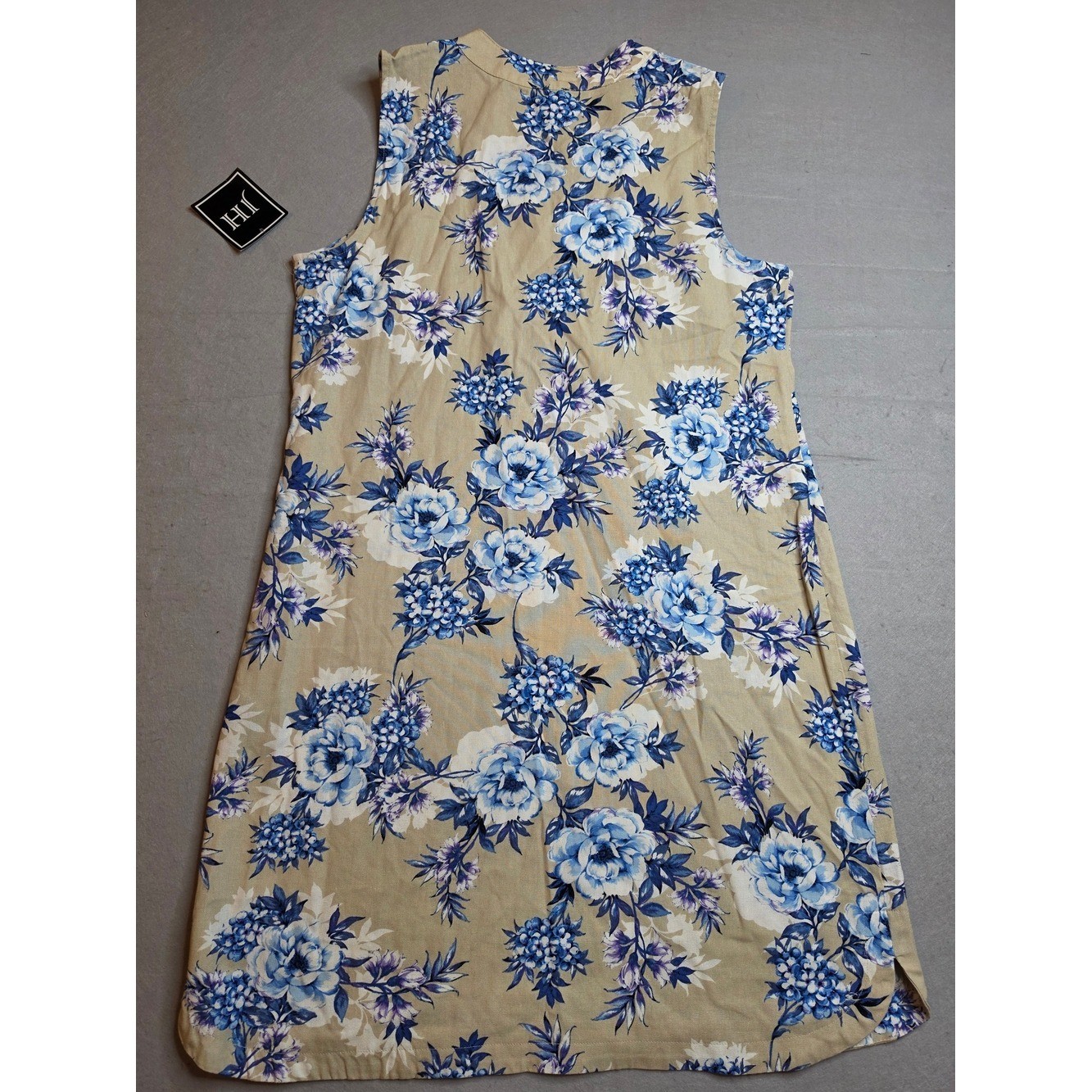 JH Women’s Dress Size 14 Tan Blue Floral Print Rayon Linen V-Neck Sleeveless