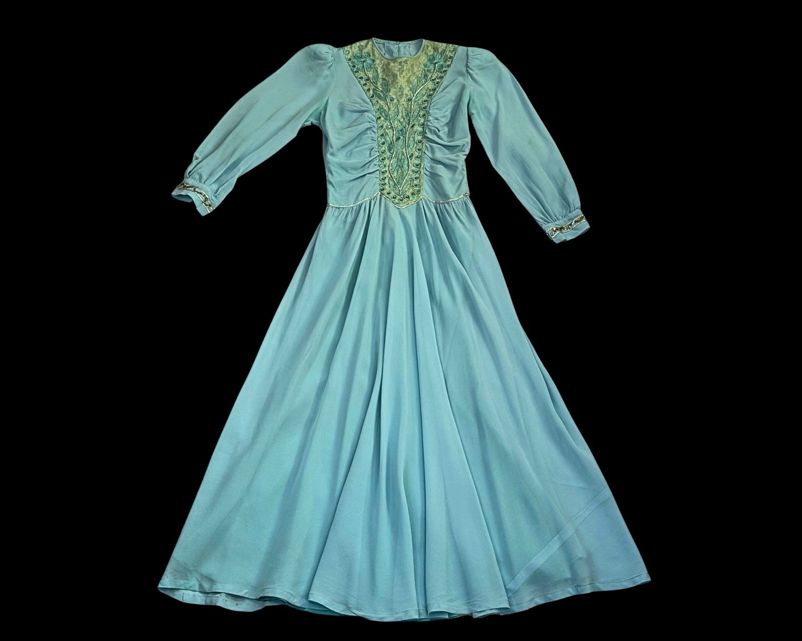 1940s Soft Blue Rayon Crepe and Lace Sequin embellished Strong Shoulder | XXS