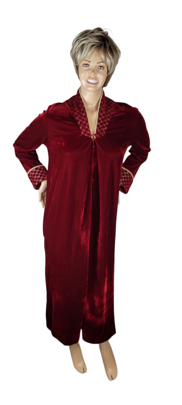 Vintage Whispers Velvet Velour Red & Gold House Coat Robe Nightgown Size Small