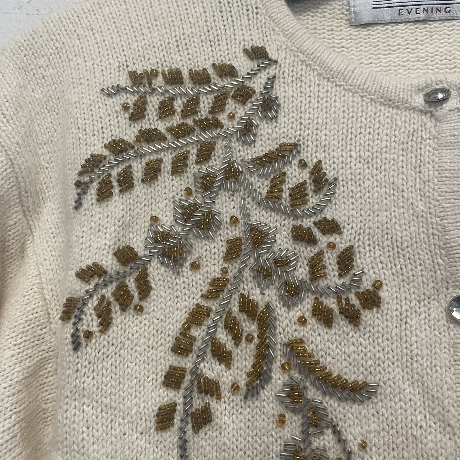 vintage Karen Scott Evening cream cardigan gold beaded Size 1X Silk Blend
