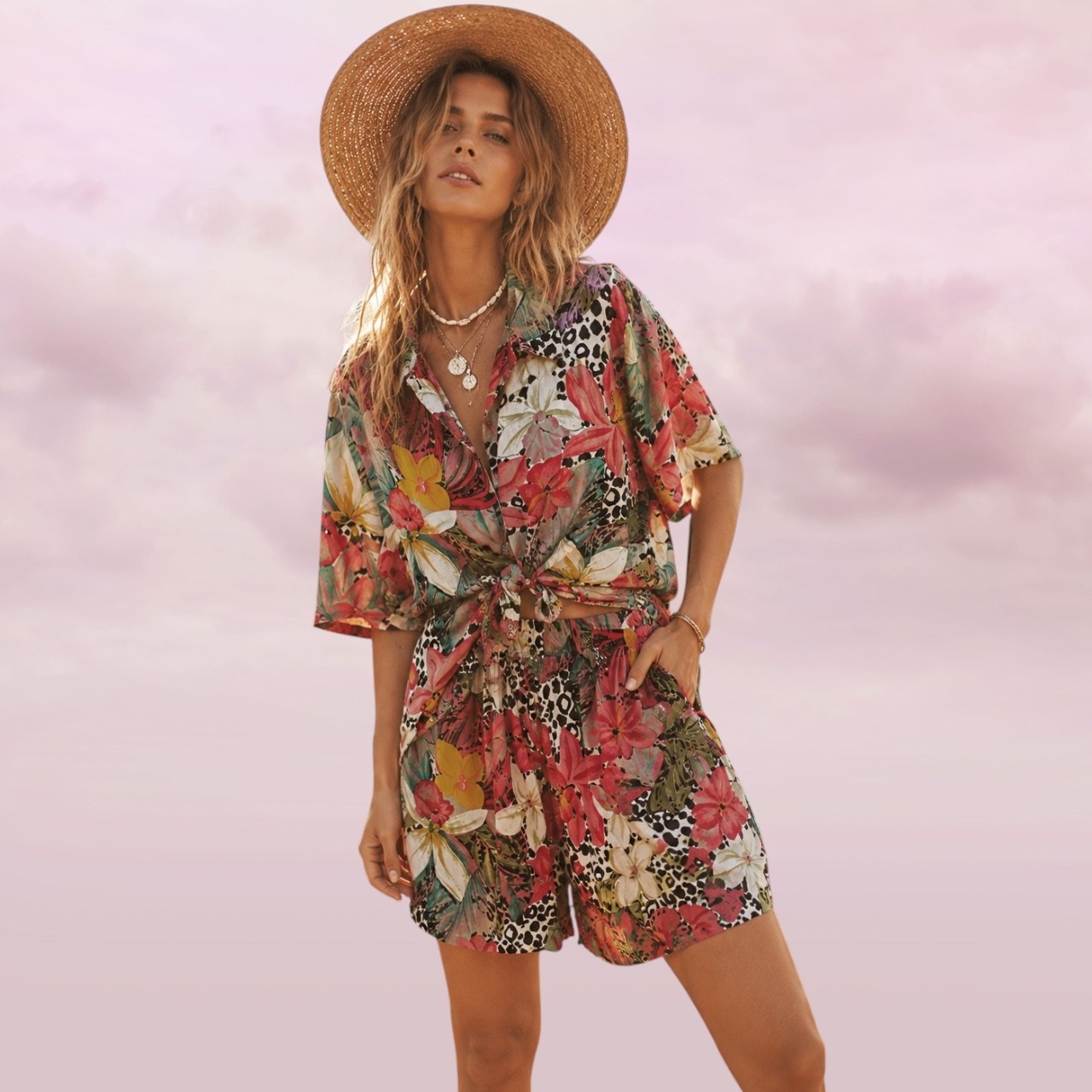 Vintage 80s Ragpage Floral Animal Print Rayon Shirt & Shorts Set Size L AU 12/14