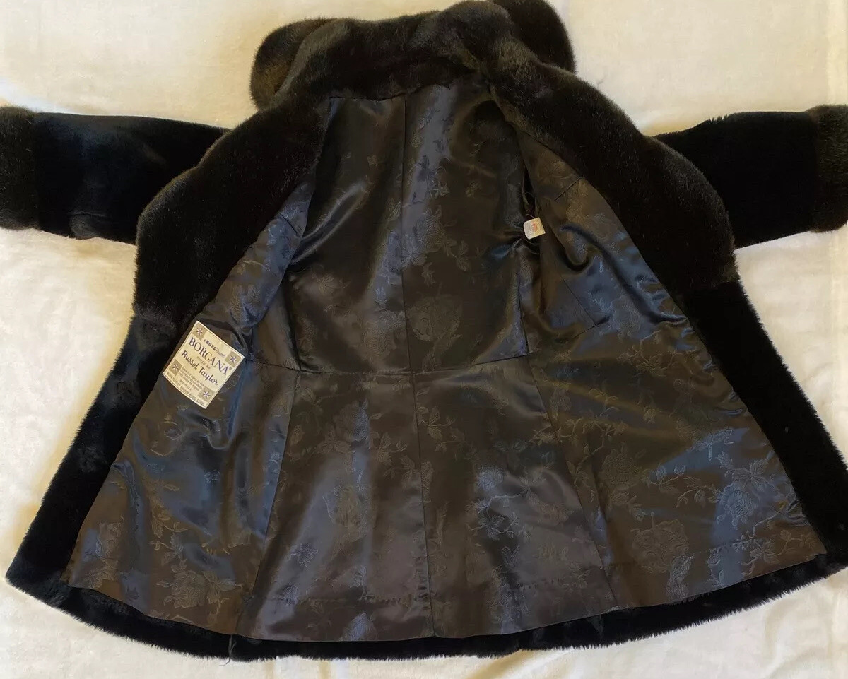 Vtg Borgana Black Faux Fur Coat Sz S Lined Russel Taylor Borg Union Made USA