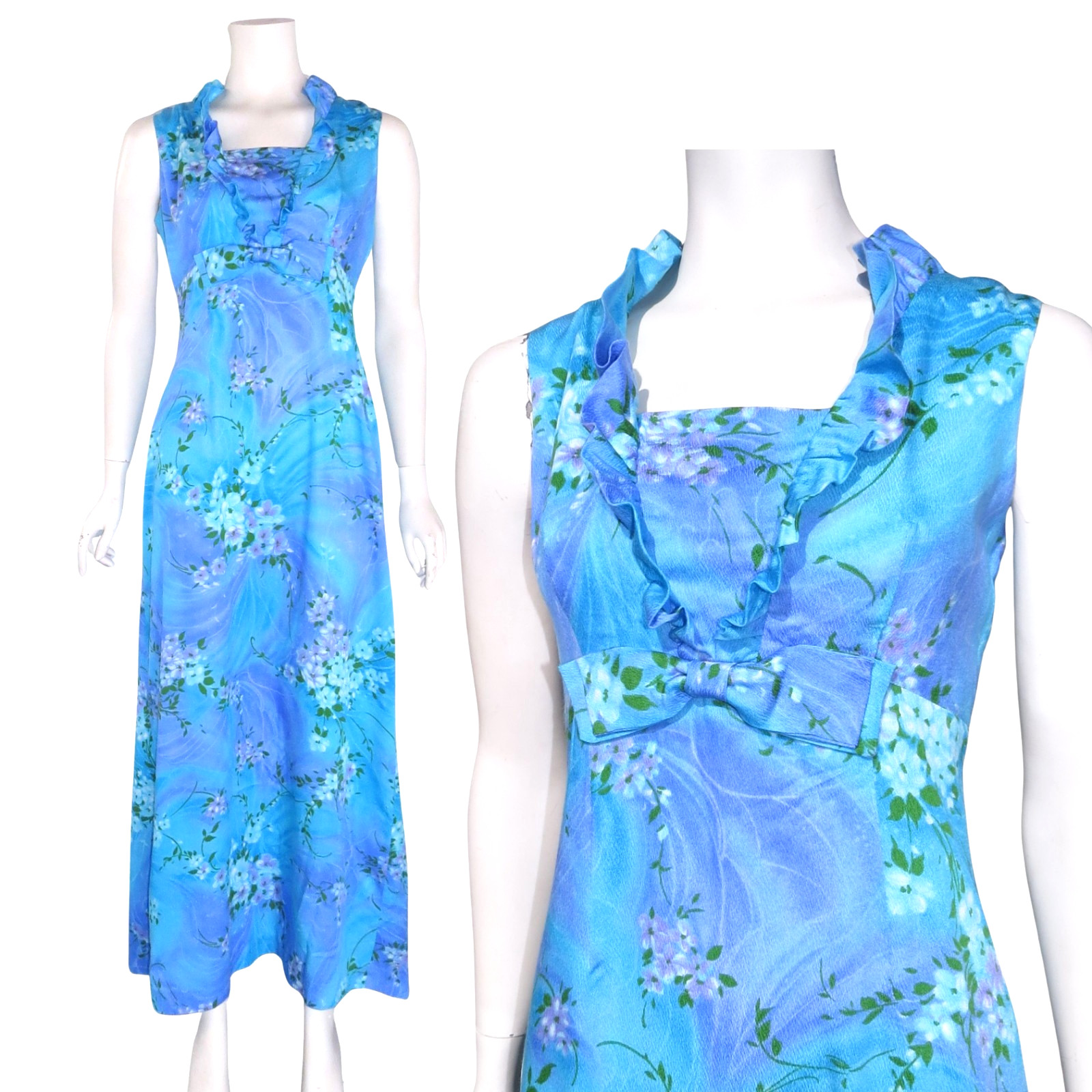 VTG 60’s Kimo’s Polynesian Shop Hawaiian Barkcloth Maxi Ruffle Dress S/M
