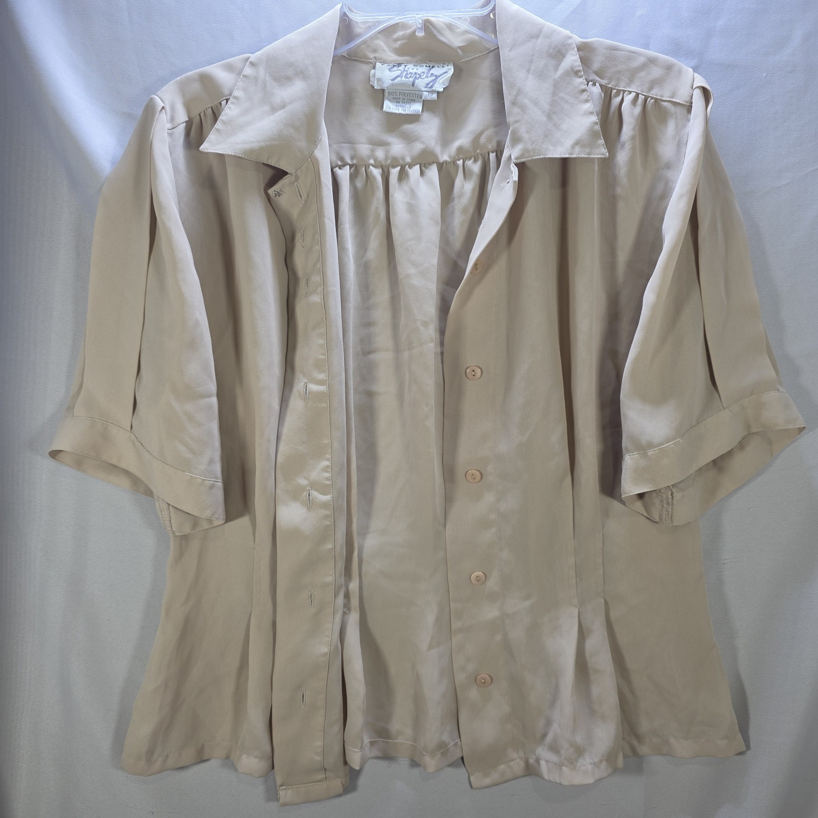 Vtg 80s Kathy Comelli Womens 12 Bluse Sheer Chiffon Creme Button Up Pleated