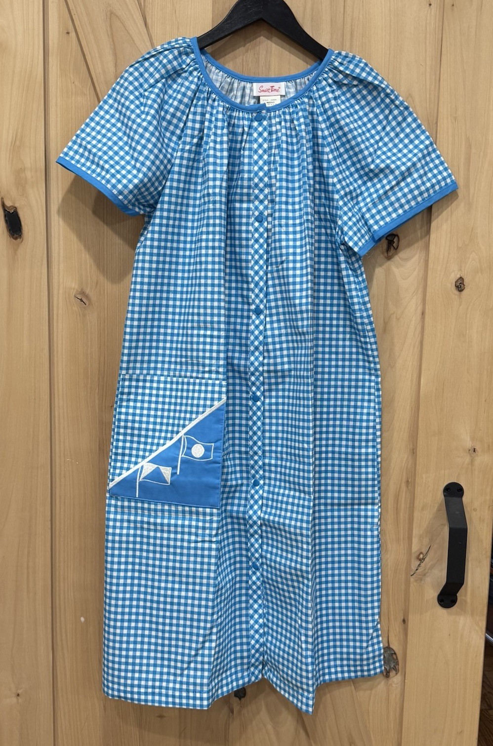Vtg Smart Time Blue White House Dress Snap Closure Made in USA Boho Embroidery