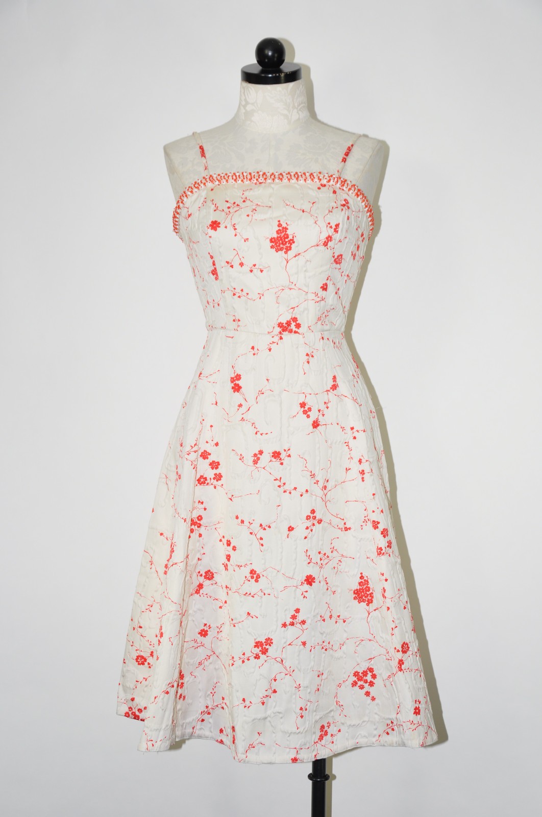 50s Vintage White Red Cherry Blossom Beaded Straps Full Skirt Day Dress Women XS