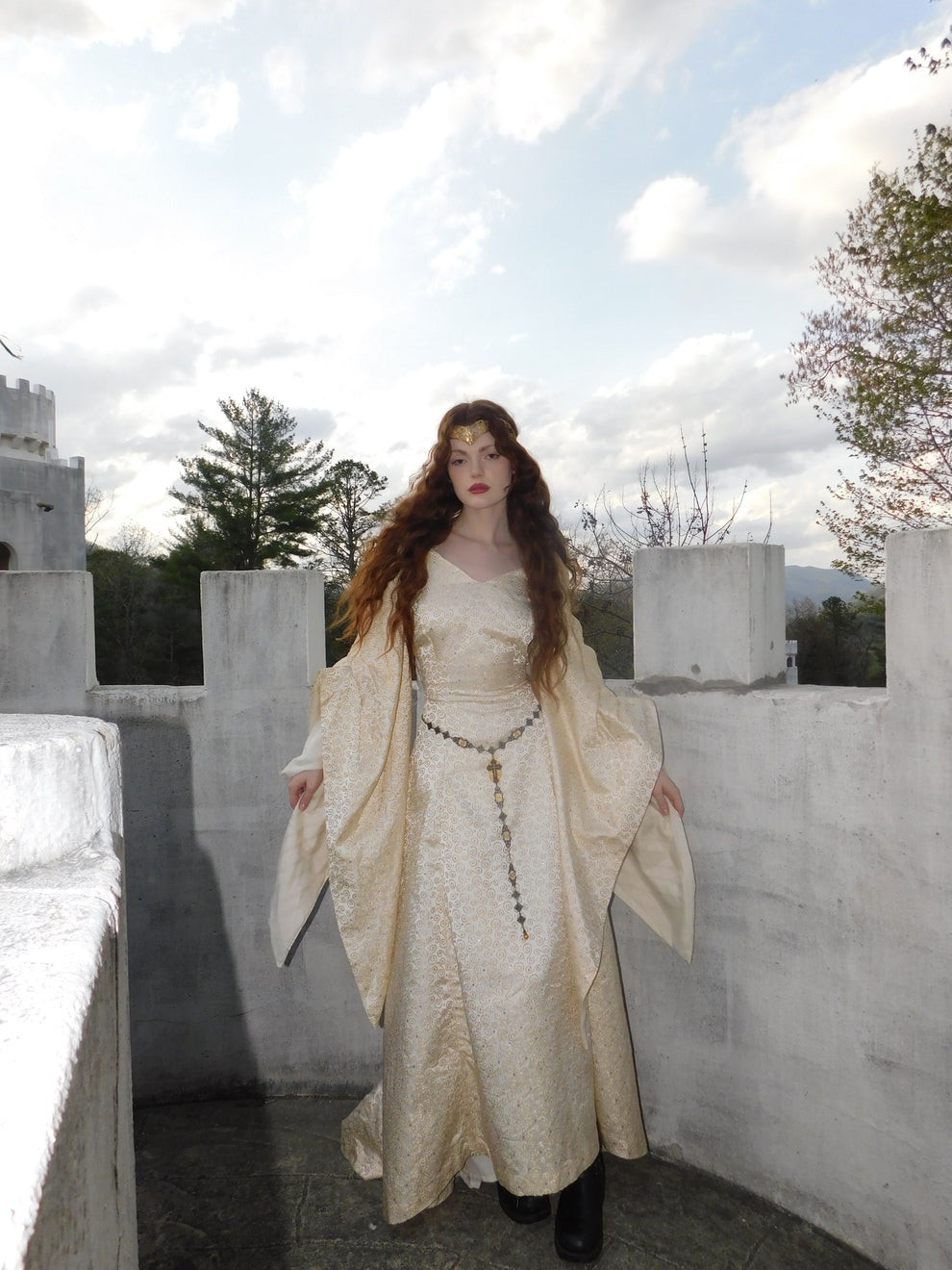 1930s Vintage Spanish Silk Gold Embroidered Medieval Brocade Gown