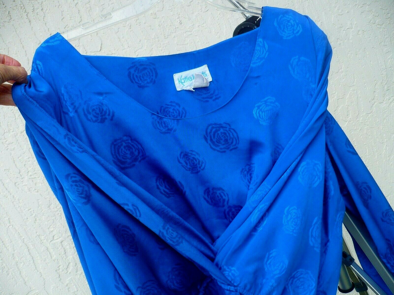 VTG 80 SATIN KATIE LEWIS 1X XL 20 DRAPED BLUE ON BLU ROSES EVENING DRESS WEDDING