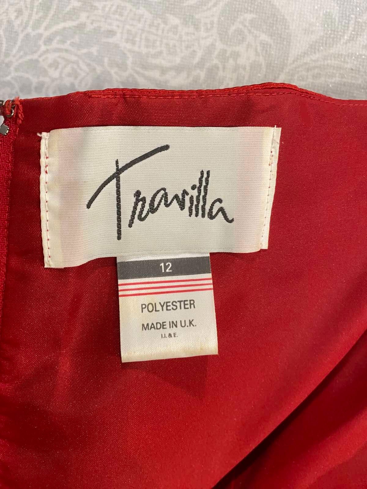 Vintage 80s TRAVILLA Denson Red Satin Ruched Strapless Gown Evening Dress UK 12