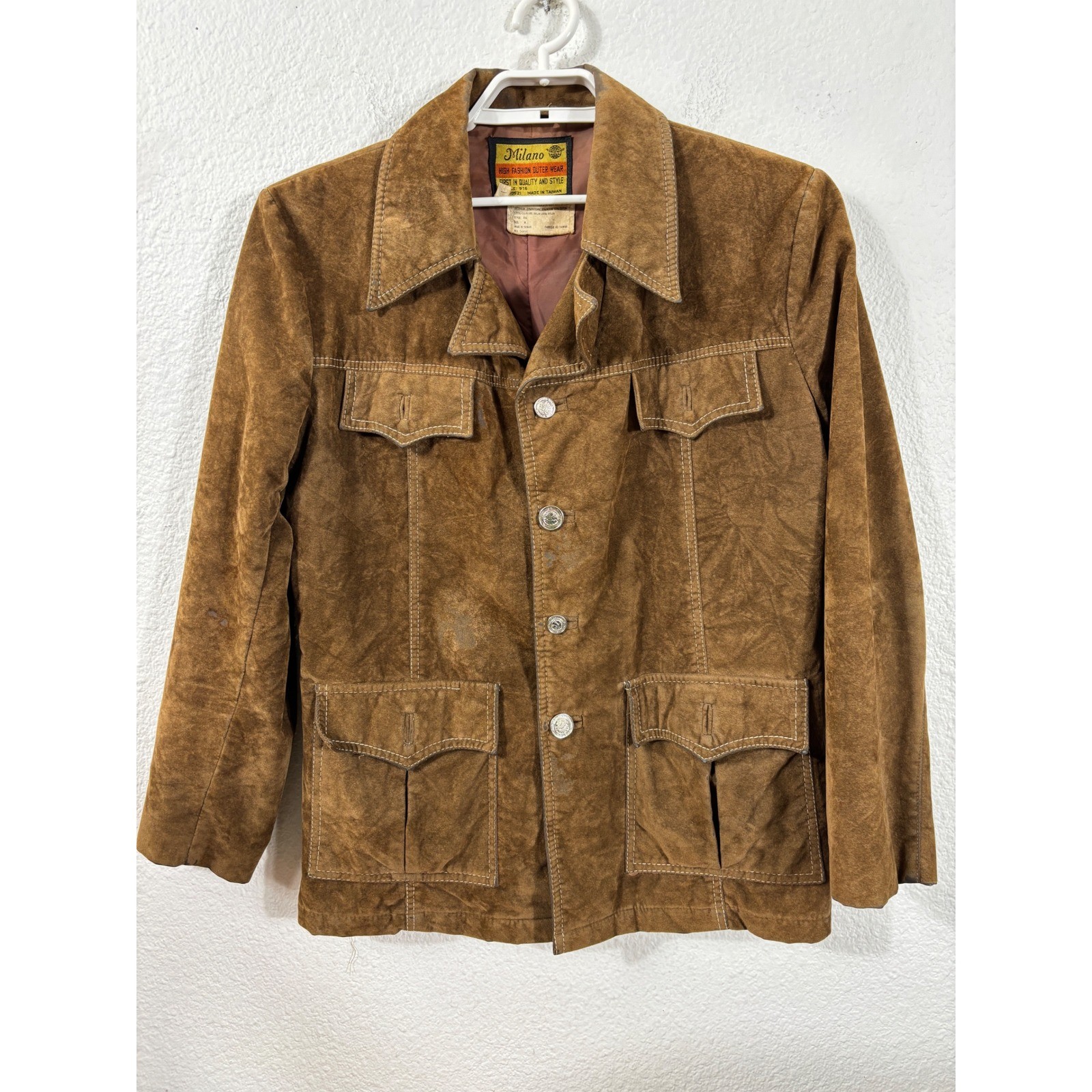 Milano Jacket Medium Brown Vintage 70s Suede Style Safari Utility