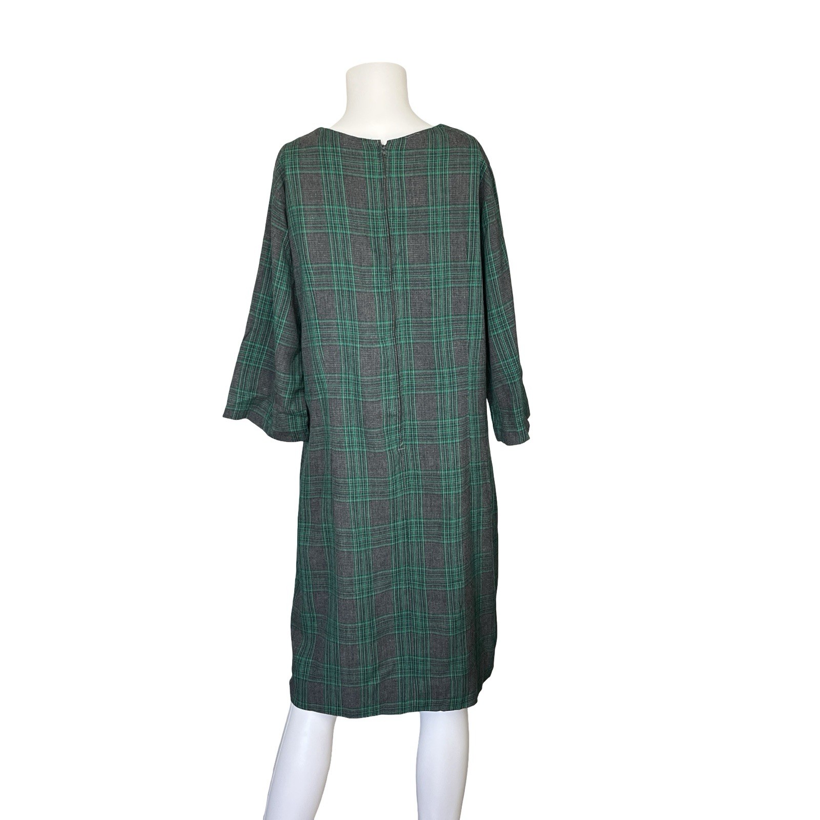 Vintage 60s Gray and Green Plaid Shift Dress Classic Buttons