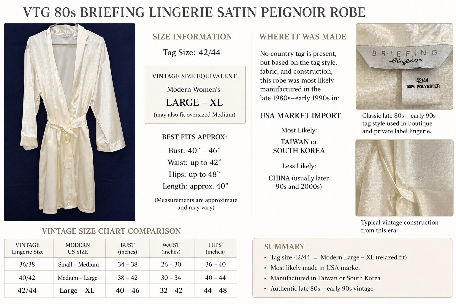 EUC VTG 80s Bridalcore Satin Peignoir Robe With Tie Ivory Lounge 42/44 (L-XL)