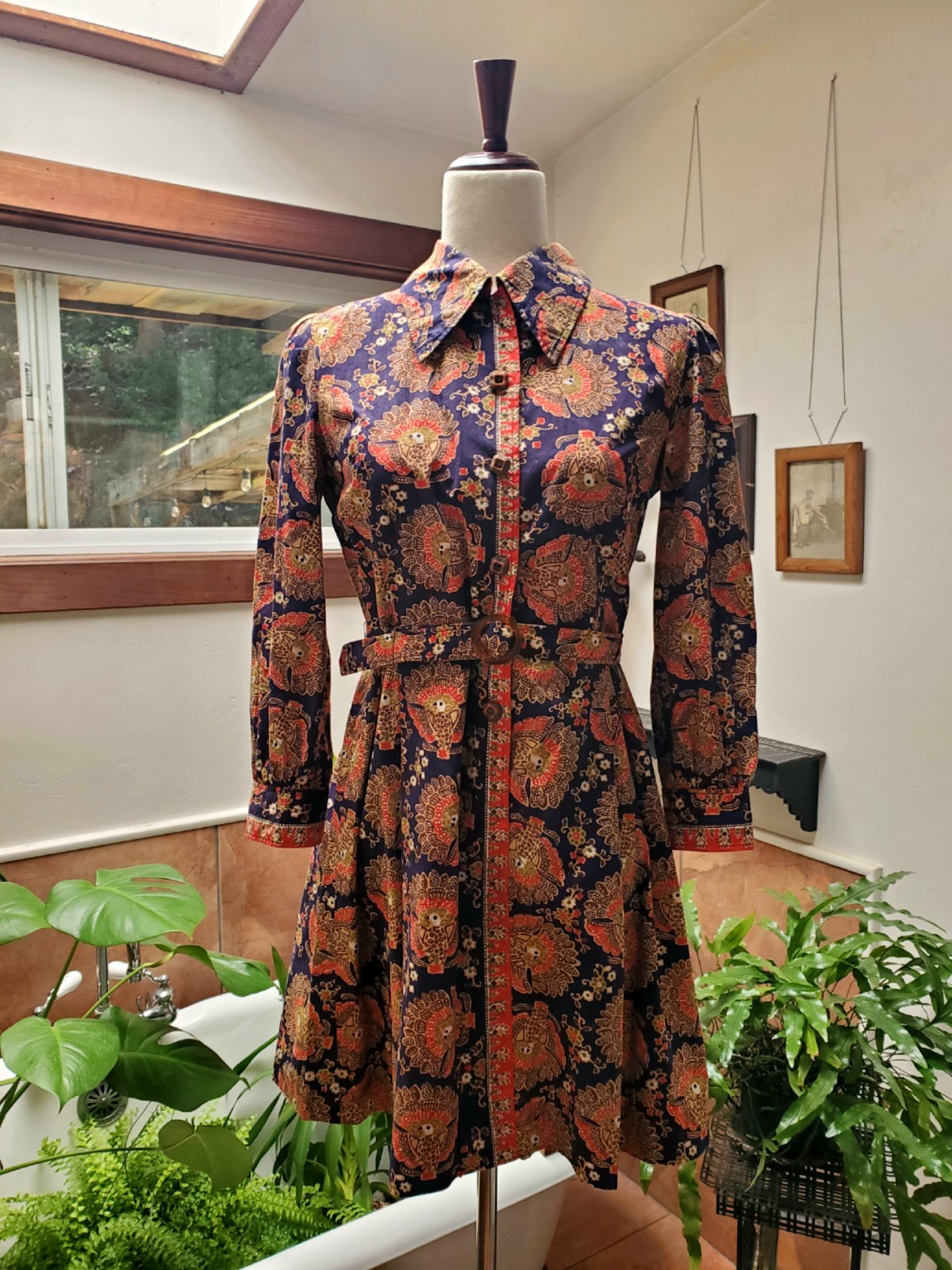 Vintage 1970s Indian cotton shirtdress Batk Boho Folk Bird Motif
