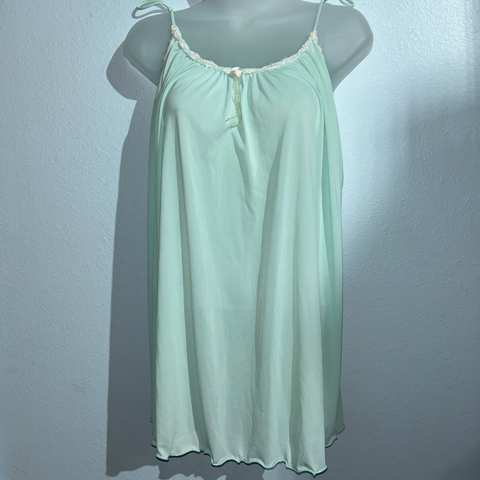 Vtg Pale Aqua Babydoll Nightie Lace Trim and Faux Pearl Bead Accent S