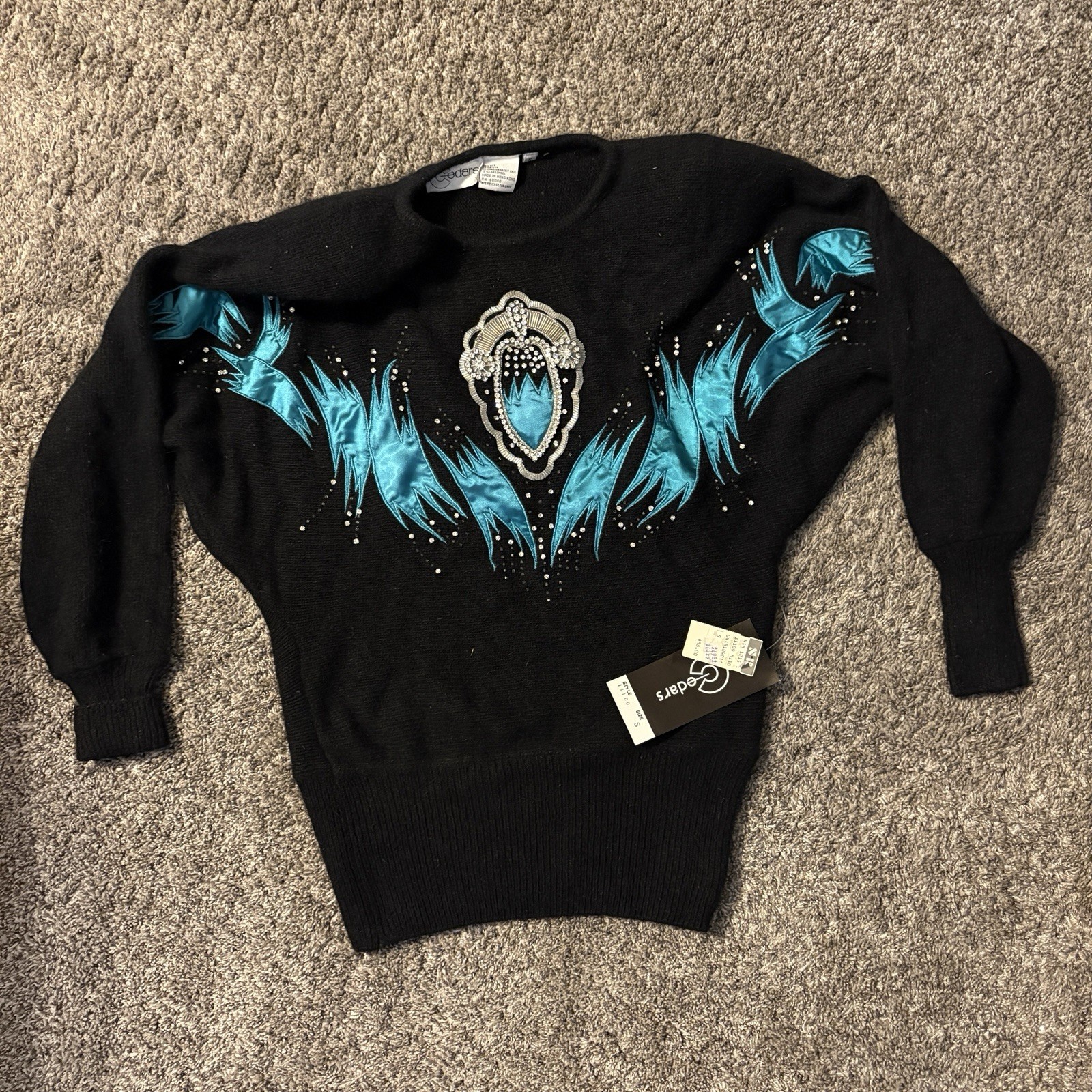 NWT Cedars Vintage 80s Black Multi Color Sequin Funky Sweater Silk Wool Rabbit