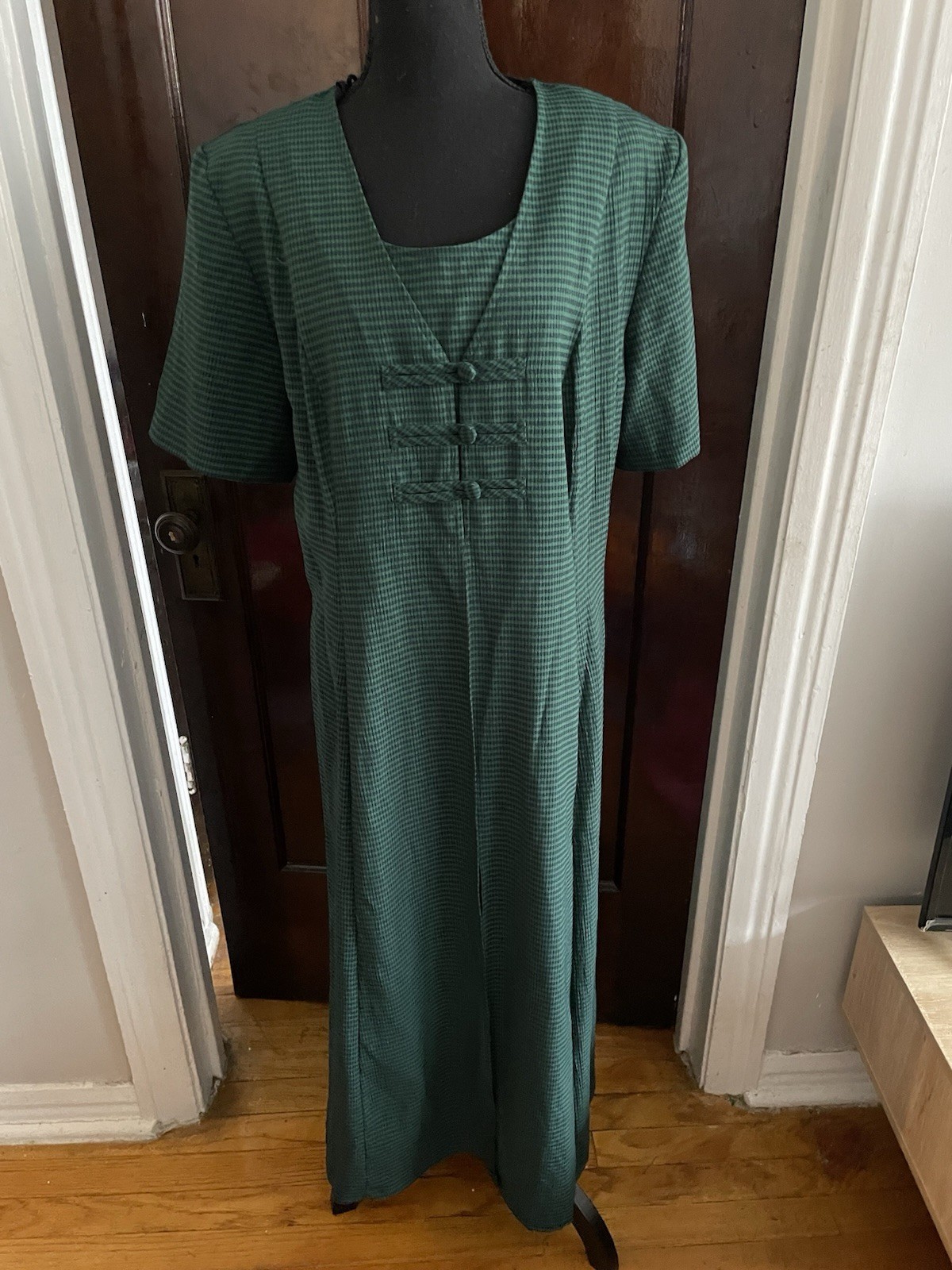 Fashion Bug Vintage 90s Green Gingham Midi Dress Womens 16 Office Wear To Work