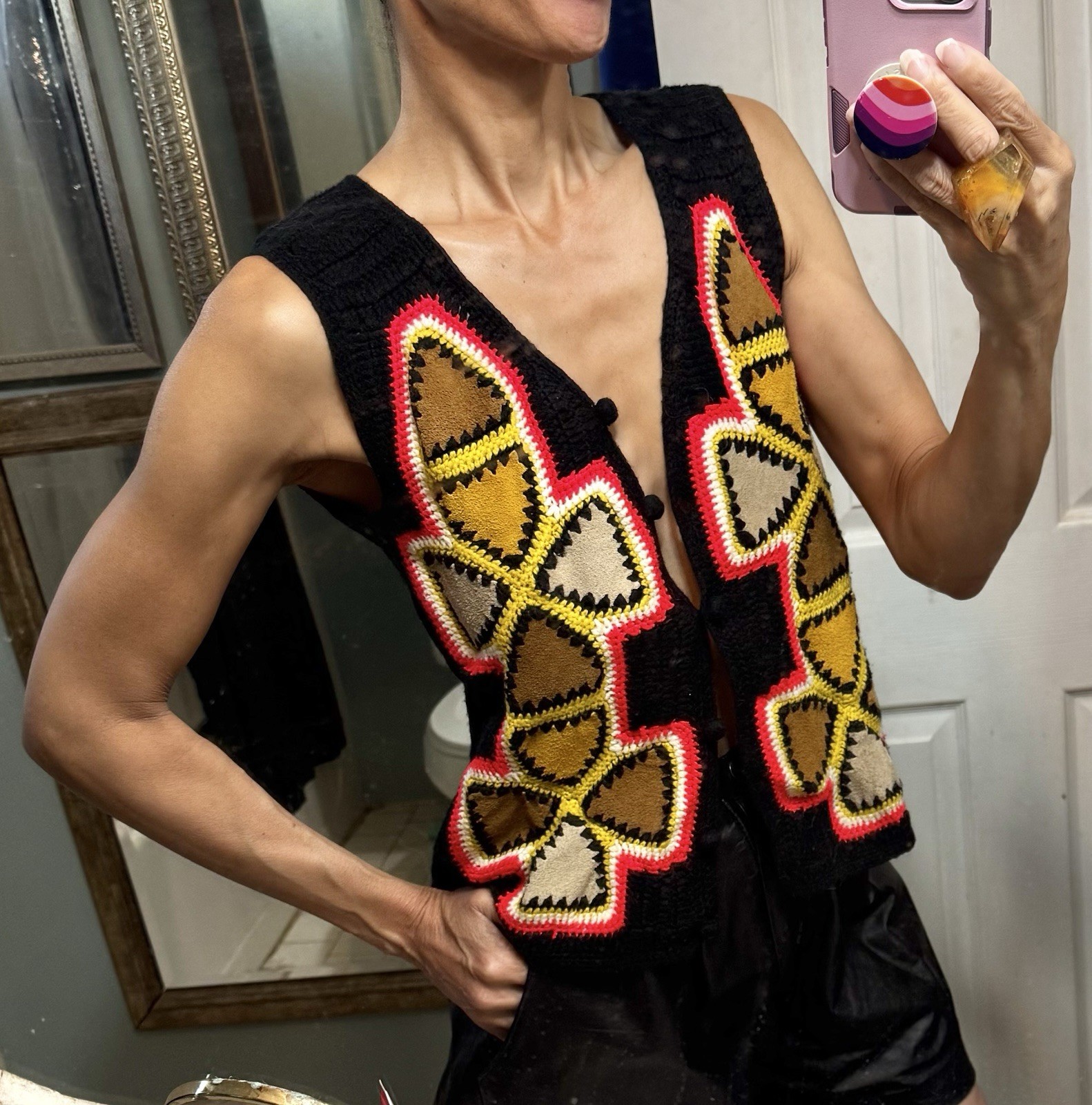 Vtg Aware Taiwan Acrylic Leather Crochet Sweater Vest Top 70s Rare Boho S M L