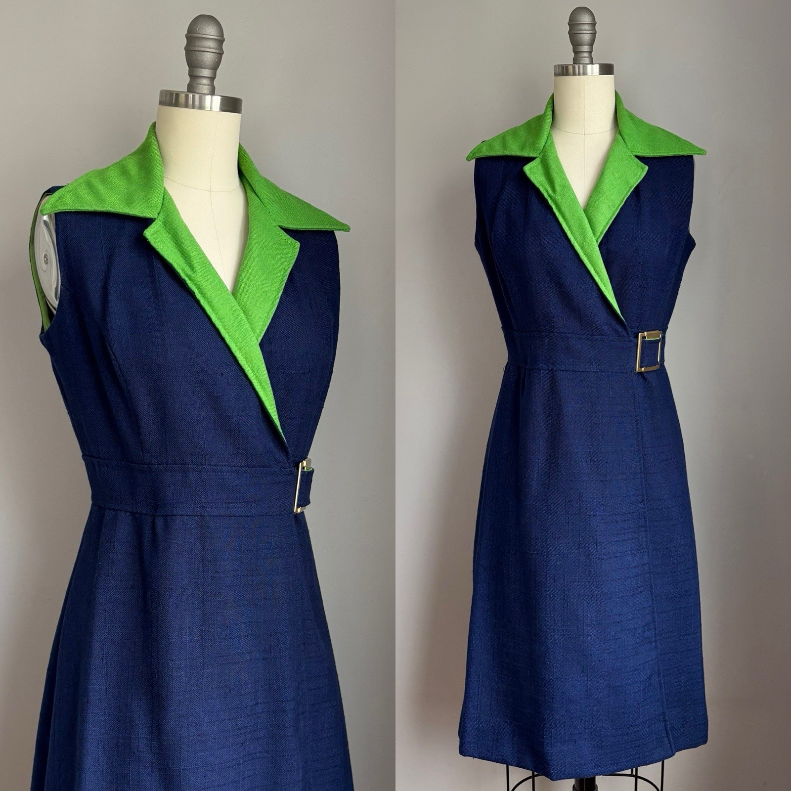 Chic Vintage 1960’s Navy Blue & Kelly Green David Warren Side Buckle Dress Small