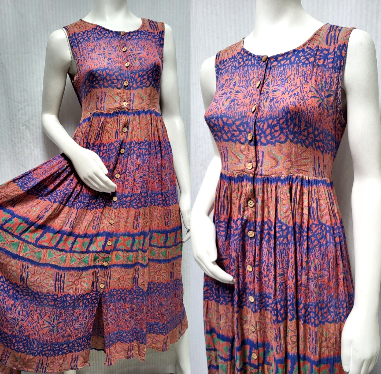 Vintage Jasmine by KVM 100% RAYON Button Front Maxi Dress – Size S/M – EUC