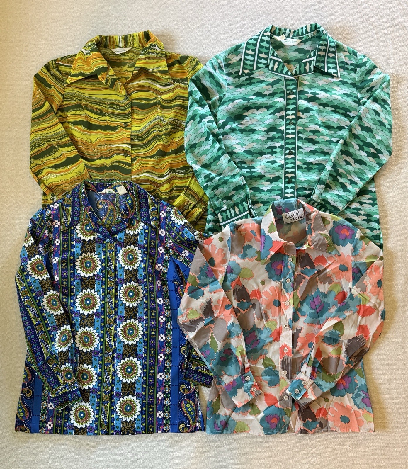 4 Vintage 1970s Alex Colman Act III Button Front Blouses Shirts Small/Medium